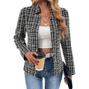 Mina Self Women's Black Open Front Stand Collar Lined Casual Plaid Blazer Jacket